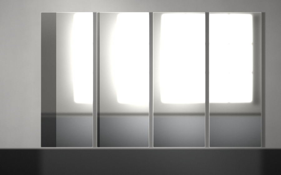 Four tall mirror panels running along a lobby wall, each carrying the window and the floor beyond it.